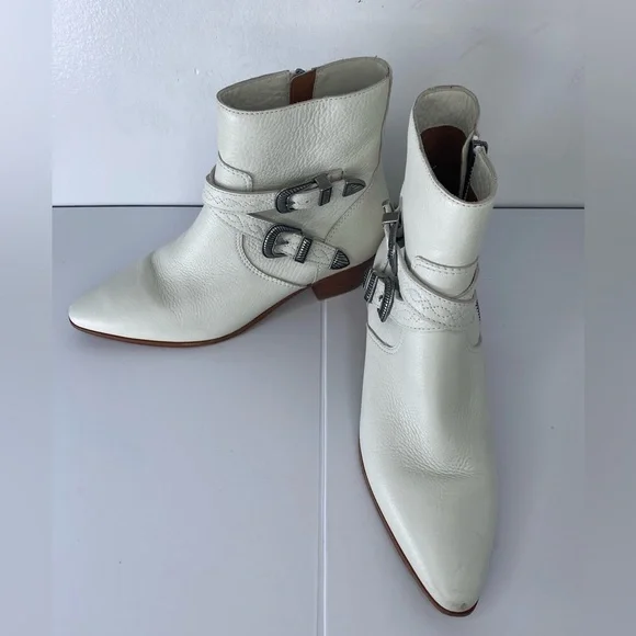 FRYE Ellen Buckle Bootie White Leather Ankle Boots with Silver Hardware - Picture 2 of 8
